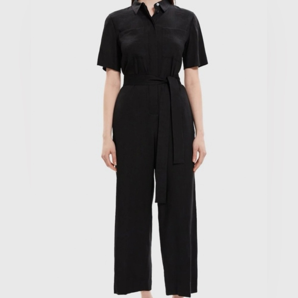 Theory-Linen Blend Utility Black Belted Jumpsuit